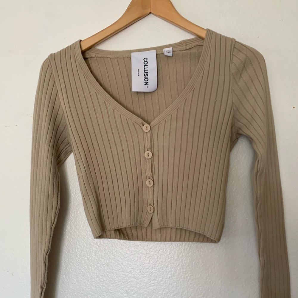Cropped Tan Knit Cardigan